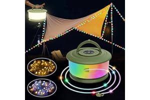 KEIWRLIGHT 10 m Camping Lichterkette Aufrollbar, Musik Sync Farbwechsel RGB Outdoor Campinglampe with 19 Beleuchtungsmodi, USB Aufladung, 2-in-1 Tragbare LED Camping Licht für Camping, Hof und Wohnmobil Deko