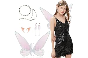 Aomig Alas de Hada, Alas de Mariposa Orejas de Elfo, Alas de Angel con Corona Flores , Alas Disfraz para Adultos, Mujeres para Fiestas Cumpleaños Temáticas de Navidad y Halloween, Cosplay (Blanco)