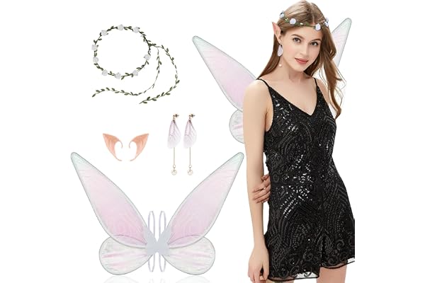 Aomig Fairy Wing, fjärilsvingar för barn, flickor, glittrande skira vingar med blommande pannband, tomteöron och Fairy Wand, Angel Wings Princess Fancy Dress Up-kostymer för Halloween-fest Cosplay