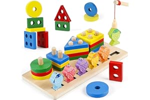 SAMISO Giocattoli Montessori di Ordinamento e Impilamento in Legno, Forme Geometriche Block Board, Sensoriale per Bambine e Bambini