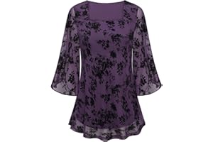 Syphiby Womens Blouses Ruffle 3/4 Sleeve Tunic Tops Loose Flowy Square Neck Chiffon Top Double Layers Mesh Shirts M-3XL