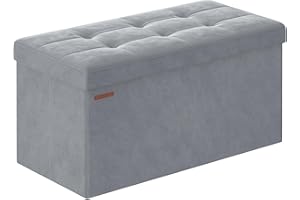 SONGMICS Puff Almacenaje, Baúl de Almacenaje Plegable, 38 x 76 x 38 cm, Taburete Reposapiés, Banco de Cubo, Soporta hasta 300 kg, para Sala de Estar, Dormitorio, Entrada, Gris Paloma LSF247G02