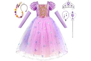 AOOWU Prinzessin Kleid Mädchen, Rapunzel Kostüm Kinder Lila Prinzessin Kostüm mit Krone Wig Zauberstab, Puffärmel Princess Rapunzel Kleid für Karneval, Halloween, Geburtstag,100-150cm