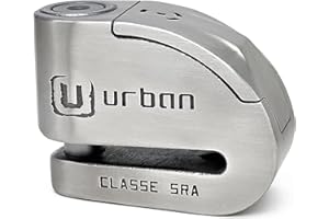 URBAN UR14S Candado Moto Sin/Con Alarma Hi-Tech 120dB+Warning+LED, Máxima Seguridad Homologado SRA Doble Cierre 14mm, Sensibilidad A+, Acero Inoxidable, Antirrobo Moto Pinza Cepo Disco Freno