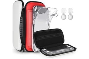 GeeRic [8-Pcs Set] Carry Case Compatible with Switch Lite, 1 Soft Silicon Case 2 Pack Screen Protector Compatible with Switch Lite 4 Thumb Caps & Storage Carrying Grip Red+White