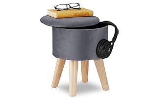 Relaxdays Pouf Contenitore Rotondo, Sgabello Poggiapiedi Imbottito in Velluto, Gambe in Legno, 36 x 30 cm, Grigio