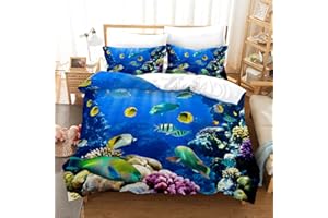 EHAOKK Set di biancheria da letto con animali marini 3D, delfino, pesce tropicale, corallo, copripiumino vita marina, copripiumino mondo subacqueo blu per bambini(C, 135 x 200 cm)