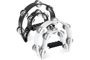 SENENQU STARVAST Juego de 2 tambores de mano de media luna, 25 cm, para adultos, con 20 abrazaderas cromadas, tambor de mano de doble hilera, para músicos, clases de música y bandas, color negro y blanco