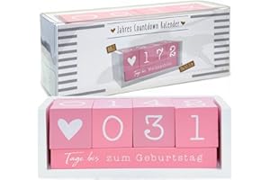 MIJOMA Calendrier de compte à rebours annuel cube en bois - Calendrier de table durable - Compte à rebours polyvalent jusqu'à 432 jours pour des occasions spéciales (blanc/rose)