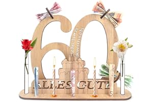 KEELYY Holz Schild Gästebuch 60 Geburtstag - Geburtstag Jubiläum für 60 Jahre Mann Frau - Gästebuch Geburtstag als Personalisierbares Geschenk - 60 Geburtstag Deko mit Ständer und Kerzenhalter