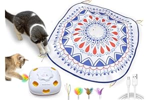 GoldenSun Cat Toy, Chargeable 4-in-1 Interactive Kitten Toys for Indoor Cats Self Play, Cat Wand Toy, Whack a Mole, Hide and Seek Exercise Cat Toys with 3Pcs DIY Replacement Feathers