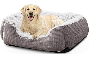 FURTIME Washable Dog Bed Large - Long Plush Dog Bed Ultra Soft Puppy Bed Flannel Calming Dog Bed for Anxiety Dogs - Machine Washable | Grey