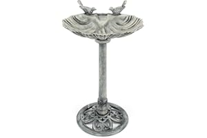CHRISTOW Plastic Resin Bird Bath for Garden, Clam Shell Pedestal Birdbath, Traditional Style, Rustic Metal Effect, Standing Outdoor Water Bowl Feeder, 80cm x 50cm x 38cm (Grey)