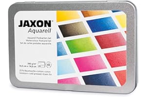 Honsell 15469 - Jaxon Aquarell-Postkarten-Set in Metallbox, 24 Karten aus säurefreiem Aquarellkarton, feinkörnig 300 g/qm im DIN A6 Format, Rückseite mit Adressfeld bedruckt