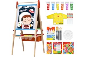 MEEDEN Caballete de arte para niños, caballete de madera ajustable para pintar, caballete de pie de doble cara con 3 rollos de papel, pizarra, pinturas de dedos