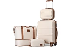 KONO Koffer Set Gepäcksets 4 Teilig Hartschale, Koffer Handgepäck 55cm mit 4 Rollen und TSA-Schloss Der Reisekoffer Set Enthält 1 Kosmetikkoffe und 1 Reisetasche und 1 Kulturbeutel (Weiß/Braun)