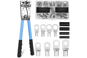 JUTYUM Pinza crimpatrice 10 – 1/0 AWG grande pinza crimpatrice capicorda 6/10/16/25/35/50 mm² con 8 misure, 60 morsetti ad anello in rame + 80 tubi termoretraibili