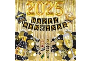 IWHEAT Silvester Deko Party 2025, Deko Silvester Party 2025, Schwarz Gold Neujahr Dekoration Set mit Happy New Year Deko Girlande, 2025 Folienballons, Fotorequisiten, Regenvorhang für Neujahr Deko 2025