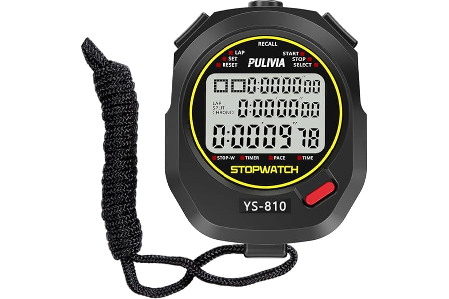 PULIVIA Stopwatch Sports Timer 10 Laps/Splits Digital Stop watch with Recall Countdown Timer Clock Alarm Calendar, Large Display Stop watch for Sports Coaches