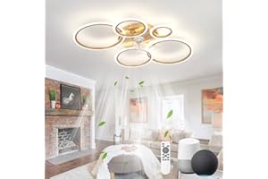 KeLuKes Lustre Ventilateur Compatible avec Alexa et Google Assistant, 100cm Lampe Ventilateur Plafond Silencieux Salon, Minuterie Réversible Dimmable Anneau Plafonnier Ventilateur, Or