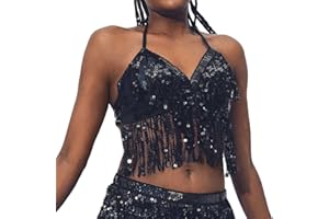 AOHHY Sequin Halter Top Salsa Belly Dance Boho Top Fringe Tassel Top Fit 32A to 36B