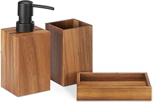 Navaris Set para el baño de Madera - Juego 3 Accesorios para Lavabo - Kit Triple con 1x dispensador de jabón 1x Porta Cepillo de Dientes 1x jabonera