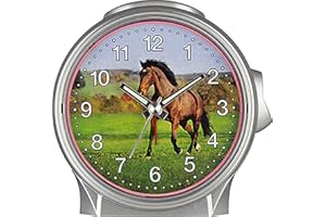 ‎SELVA Selva Kinderquarzwecker – zum Erlernen der Uhrzeit – mit Licht und Weckwiederholung – GERÄUSCHLOS – 96 x 96 x 60 mm (Pferd auf grüner Wiese)