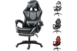 Yesuitme Gaming Chair with Footrest, Gaming Chair for Adults Computer Chair with Lumbar Cushion, Headrest, Height-Adjustable Office Chair (With Footrest, Black+Grey)