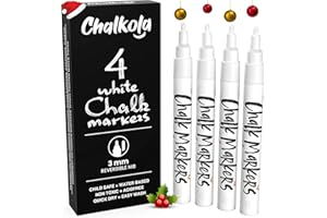 Chalkola Feutre Craie Blanc (Pointe Fine 3mm, Lot de 4) - Chalk Marqueur Liquide | Stylo Craie Pour Tableau Noir Effacable | Feutre Pour Fenetre | Crayon Chalk Pour Vitre & Verre, Ardoise