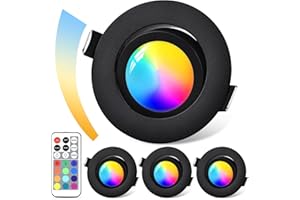 GeyouLux Spot LED Encastrable Dimmable RGB, IP44 Aluminium Spot LED 230V 68mm, 5W 3CCT, Orientables 120°+45° Spots de Plafond Noirs avec Télécommande IR pour Salle de Bain, 4 Pièces