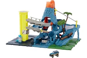 Matchbox - Fuga dal Vulcano Playset, include 1 veicolo Matchbox, funzioni, luci e suoni del vulcano che erutta attivabili con le macchinine, Giocattolo per Bambini 3+ Anni, HHW21