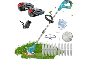 MAENGRE Cordless Strimmer Grass Trimmer, 18V Compatible with Makita DUR181Z, Lightweight Li-ion Battery with 2 x 3.0Ah and Charger Lawn Edger Tool for Trimming Grass Weed with 10xMetal Blades and 1xSaw Blade