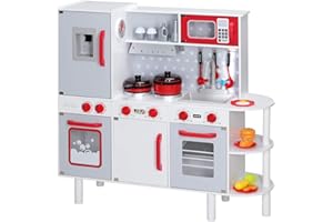Spielwerk® Junior Chef Wooden Play Kitchen For Children | Inc 38pc Accessory Set Toy Cooking Utensils Pots Pans Sink | Adjustable Height | Oven Control Knobs w/Sound | 91x33x86-92cm