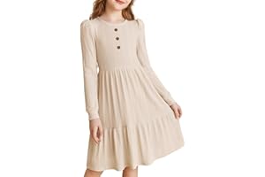 PATPAT Vestido Elegante de Invierno para Niñas, Vestido de Manga Larga de Color Liso Rojo y Beige, Adecuado para Navidad, Cumpleaños, Escuela, Fiesta – Vestidos Niña Trend Lovers, 5-14 años 110-164 cm