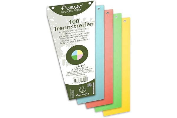 Exacompta - Réf. 13595E - Paquet de 100 fiches intercalaires trapézoïdales unies perforées Forever - séparateur pour classeur/classeur à levier - sous film - format 105 x 240 mm - couleurs assorties