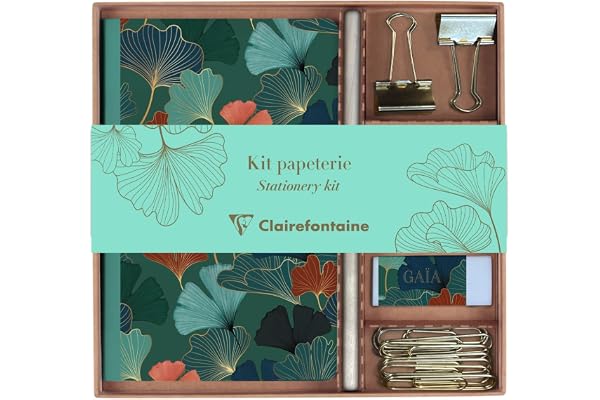 Clairefontaine 116247C - Un Kit de Papeterie contenant un Carnet 11x17 cm 64 Pages Lignées, un Crayon de Papier, 2 Pinces doubles-clip, 10 Trombones et une Gomme - Collection Gaïa bleu