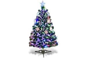 DREAMADE Sapin de Noël Artificiel avec Flocon de Neige 90CM/120CM/150CM/180CM, avec Lampes à LED et Etoile au Sommet d’Arbre, Pieds en Fer et Feuilles en PVC, Décoration pour Noël Vert (90cm)