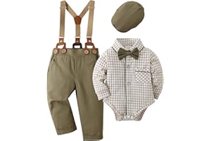 Amissz Baby Boy Gentleman Clothes Suit 0-18 Months Infant Formal Long Sleeve Tuxedo Romper Jumpsuit + Suspender Pants + Beret Hat 3pcs
