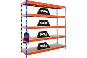 PROREGAL Étagère Professionnelle Robuste Rhino | HxLxP 200x200x60 cm | 5 Niveaux en aggloméré de 8 mm | Charge maximale 500 kg | Bleu/Orange | Étagère de Garage, étagère de Rangement
