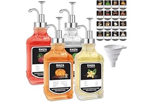 HMJIA Dispenser per Sciroppo di Caffè Caraffa per Sciroppo in Vetro da 500ML con Etichette e Pompa Sispenser per Vaniglia e Caramello per Bar e Accessori da Cucina (4 pezzi - Argento Quadrato, 500ML)