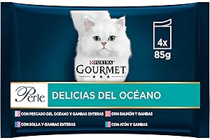 GOURMET Perle Delicias del Océano, Comida Húmeda para Gato Adulto, Trocitos en Salsa, Surtido de Pescado del Océano y Gambas Enteras, Salmón y Atún, 12 Packs de 4 Sobres de 85 g. (48 sobres)