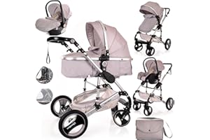 BAYOBAY Baby Pram Pushchair Buggy with Car Seat Lightweight Stroller Folding Strollers 3 in1 Travel System Baby Trolley Baby Pram for Newborns Toddlers 0-36 Months from Birtn (Light Grey - Silver Frame)
