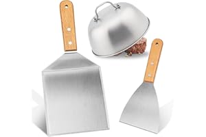 JOYIT Juego de 3 espátulas de acero inoxidable para hamburguesas, espátulas con tapa para hamburguesas, espátula con asas de madera para prensa de hamburguesas, teppanyaki, barbacoa, filete, pizza