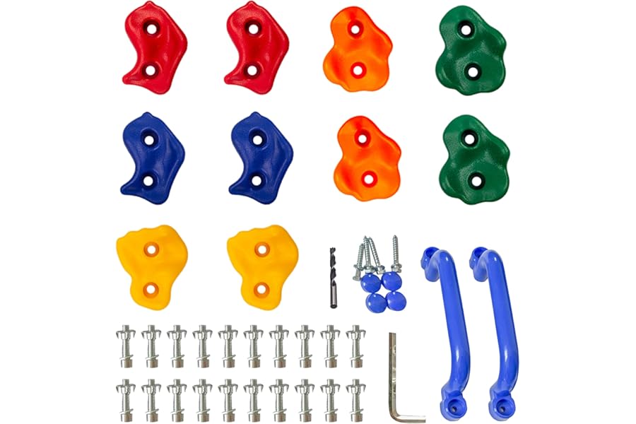 KINSPORY Rock Climbing Holds, Climbing Wall Holds for Kids, Colourful Climbing Set with Two Blue Handles for Indoor Outdoor Playground PlaySet Building