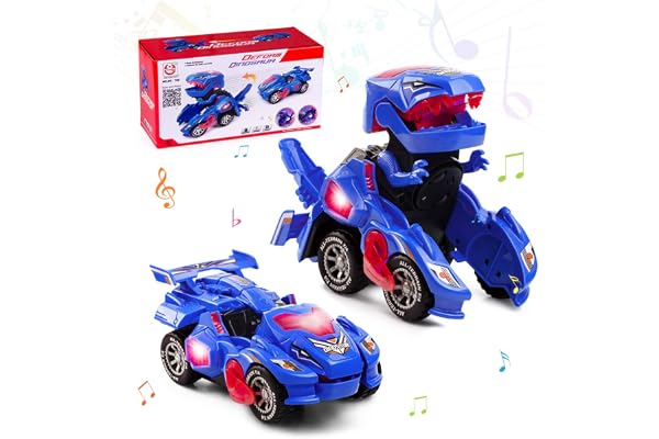 Highttoy Jouet Enfant 3 4 5 6 Ans, Voiture Dinosaure Transformable Automatique avec Lumières et Musique, Transformateur Dinosaure Jouet Cadeau Enfant 3 4 5 6 Ans Garçon Fille, Bleu