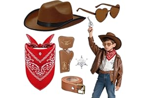 Saier tbo 6Pcs Western Cowboy Costume Accessories Set for Kids, Cowboy Dress Up Kit with Hat Bandana Sunglasses Badge Holster Belt for Boys Girls Birthday Party Halloween Cosplay