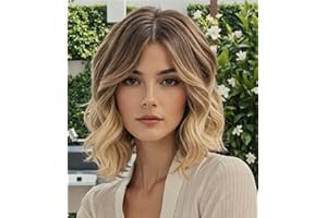 WOKESTAR Bob Lockige Perücke mit Fransen, Kurze Synthetische Gewellte Perücken für Frauen Ash Blonde Farbe