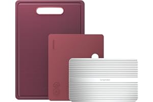 Linoroso Chopping Board Coloured Plastic Cutting Boards Set of 3 for Kitchens with Defrosting Tray Juice Grooves Easy Grip Handle Slip Resistant Dishwasher Safe (BPA Free) - Red