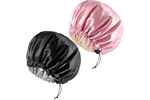YAFE 2 Pieces Adjustabl Bonnet, 36cm Double Sided Satin Sleep Caps Night Sleep Hat for All Hair Lengths Women Curly Natural Hair Head Cover(Black+Pink)