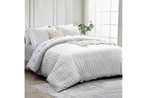 INSPIRE HOMEWARE Double Duvet set - Premium Hotel Quality Reversible Satin Stripes Duvet Cover with 2 Pillowcases, White Double Bedding Set - Soft Microfiber Quilt Bedding